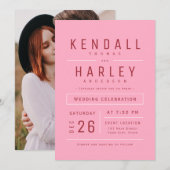 ピンクモダンレッドシンプルタイポグラフィ結婚写真 招待状 (正面/裏面)