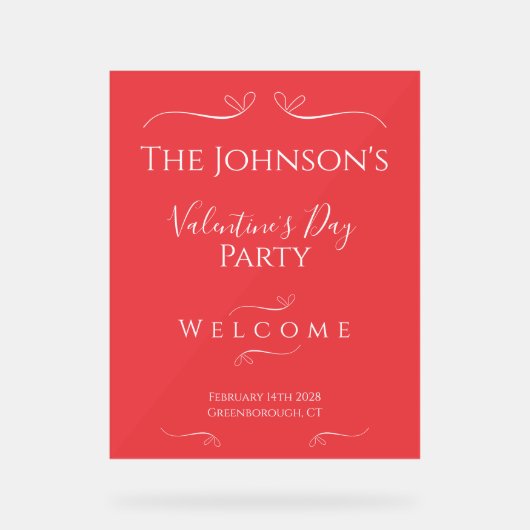 ピンクモダンレッドバレンタインデーパーティーへようこそ アクリルサイン (正面)
