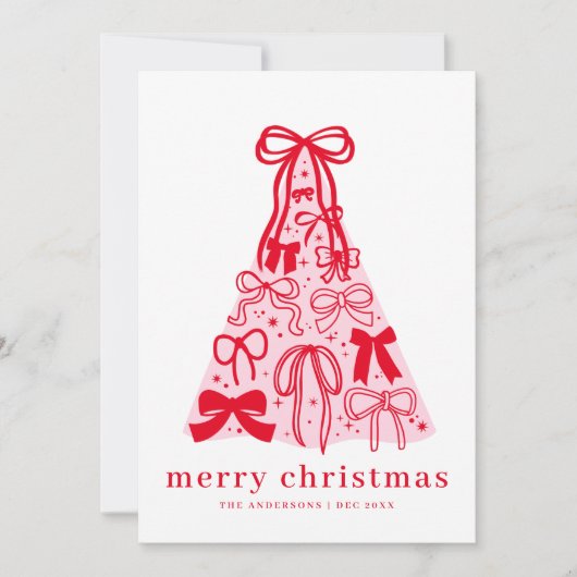 ピンクモダンレッドボウメリークリスマスホリデーカード シーズンカード (正面)