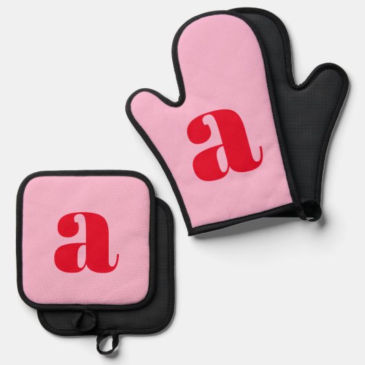 ピンクモダンレッドモノグラムイニシャルパーソナライズされた 鍋つかみ&鍋敷きセット (正面/裏面)