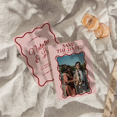 ピンクモダンレッド明るいはっきりしたレトロ写真結婚 セーブザデート