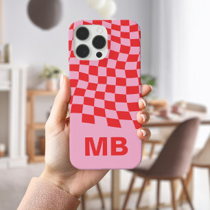 ピンクモダンレッド波パタ市松模様にーンモノグラム iPhone 16 PRO MAXケース