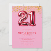 ピンクモダンレッド21歳の誕生日 招待状 (正面)