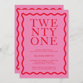 ピンクモダンレッド21歳の誕生日 招待状 (正面/裏面)