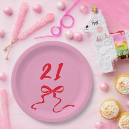 ピンクモダンレッド21thバースデーボウイラストレーション ペーパープレート
