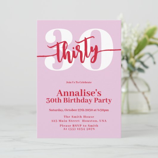 ピンクモダンレッド30歳の誕生日パーティー 招待状 (スタンド正面)