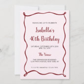 ピンクモダンレッド40歳の誕生日ハンドドロー縁どド 招待状 (正面)