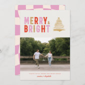 ピンクモダンレトロメリーと明るい |フォトカード1 招待状 (正面/裏面)
