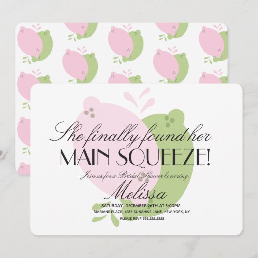 ピンクモダンレモネードレモンライムブライダルシャワー 招待状 (正面/裏面)