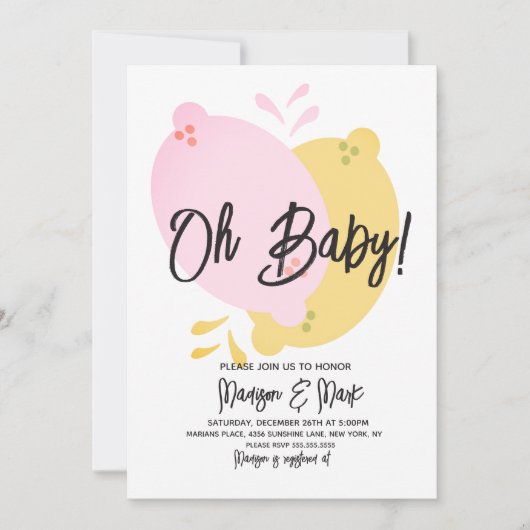 ピンクモダンレモネードレモンライムベビーシャワーインビータ 招待状 (正面)