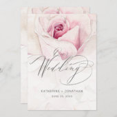 ピンクモダンローズウォーターフローラスクリプ結婚ト 招待状 (正面/裏面)