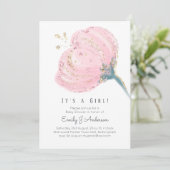 ピンクモダンローズグリッターその女の子の赤ちゃんシャワー 招待状 (スタンド正面)