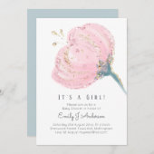 ピンクモダンローズグリッターその女の子の赤ちゃんシャワー 招待状 (正面/裏面)