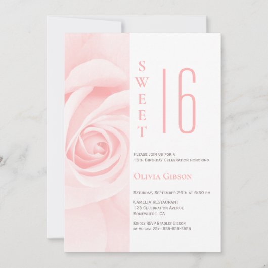 ピンクモダンローズスウィート16バースデーパーティー 招待状 (正面)