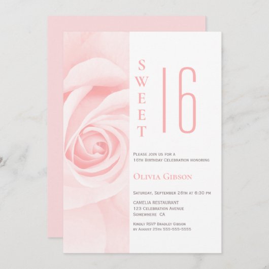 ピンクモダンローズスウィート16バースデーパーティー 招待状 (正面/裏面)