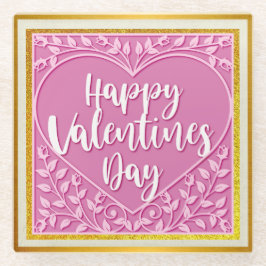 ピンクモダンローズフローラハートロマンチックなバレンタイン ガラスコースター