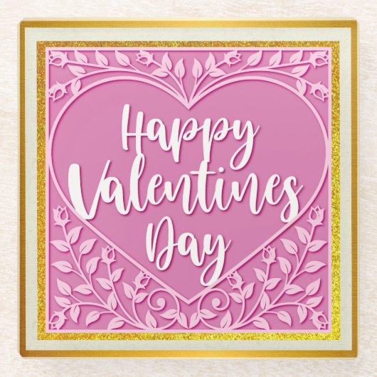 ピンクモダンローズフローラハートロマンチックなバレンタイン ガラスコースター (正面)