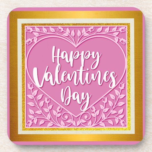ピンクモダンローズフローラハートロマンチックなバレンタイン コースター (正面)