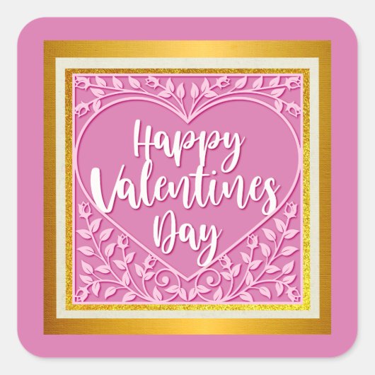 ピンクモダンローズフローラハートロマンチックなバレンタイン スクエアシール (正面)