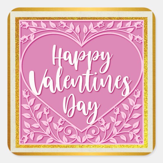 ピンクモダンローズフローラハートロマンチックなバレンタイン スクエアシール (正面)
