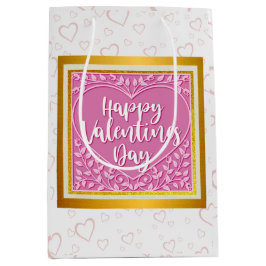 ピンクモダンローズフローラハートロマンチックなバレンタイン ミディアムペーパーバッグ