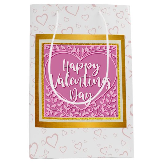 ピンクモダンローズフローラハートロマンチックなバレンタイン ミディアムペーパーバッグ (正面)