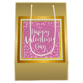 ピンクモダンローズフローラハートロマンチックバレンタイン ミディアムペーパーバッグ