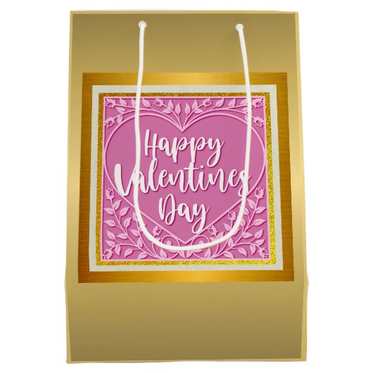 ピンクモダンローズフローラハートロマンチックバレンタイン ミディアムペーパーバッグ (裏面)