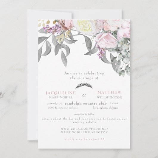 ピンクモダンローズ&グレーユーカリWebサイ結婚ト 招待状 (正面)