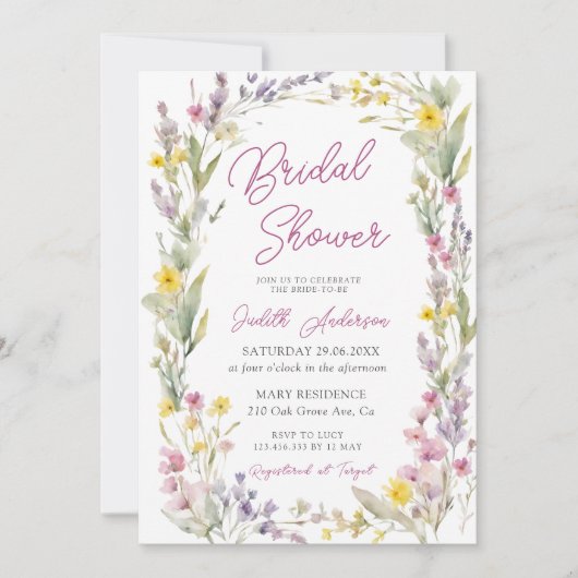 ピンクモダンワイルドフラワーブライダルシャワー 招待状 (正面)