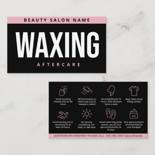ピンクモダンワックス・アフターケア・カード、抜毛 名刺 (正面/裏面)