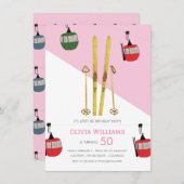 ピンクモダンヴィンテージエペールスキースキー誕生日 招待状 (正面/裏面)