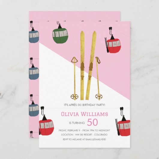 ピンクモダンヴィンテージエペールスキースキー誕生日 招待状 (正面/裏面)