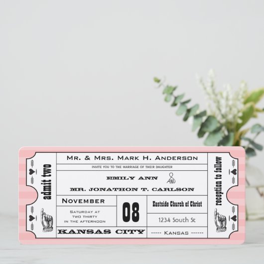 ピンクモダンヴィンテージタイポグラフィ結婚チケット 招待状 (スタンド正面)