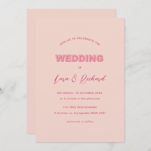 ピンクモダン型はっきりした文字結婚式招待状 招待状 (正面/裏面)