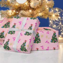 ピンクモダン女性のカーボーイウエスタンブーツクリスマスツリー ラッピングペーパー
