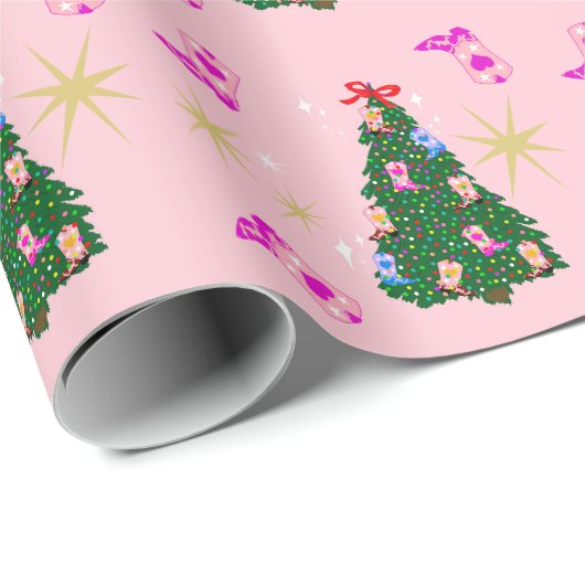 ピンクモダン女性のカーボーイウエスタンブーツクリスマスツリー ラッピングペーパー (ロールコーナー)