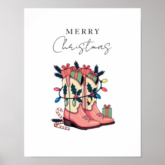 ピンクモダン女性のカーボーイウエスタンブーツクリスマス ポスター (正面)