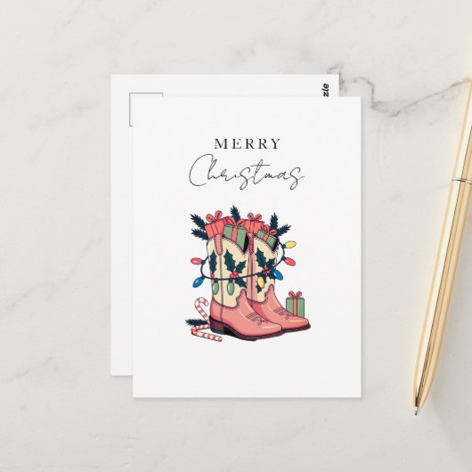 ピンクモダン女性のカーボーイウエスタンブーツクリスマス ポストカード (正面/裏面インサイチュ)