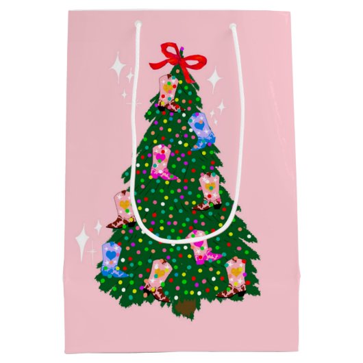 ピンクモダン女性のカーボーイウエスタンブーツクリスマス ミディアムペーパーバッグ (裏面)