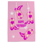 ピンクモダン女性のカーボーイウエスタンブーツハッピーバースデー ミディアムペーパーバッグ (裏面)