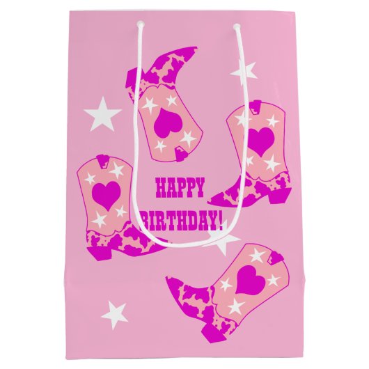 ピンクモダン女性のカーボーイウエスタンブーツハッピーバースデー ミディアムペーパーバッグ (裏面)
