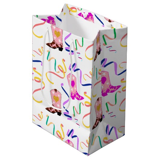 ピンクモダン女性のカーボーイウエスタンブーツ紙吹雪ホワイト ミディアムペーパーバッグ (正面アングル)