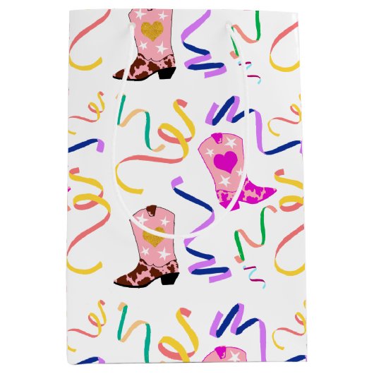 ピンクモダン女性のカーボーイウエスタンブーツ紙吹雪ホワイト ミディアムペーパーバッグ (正面)