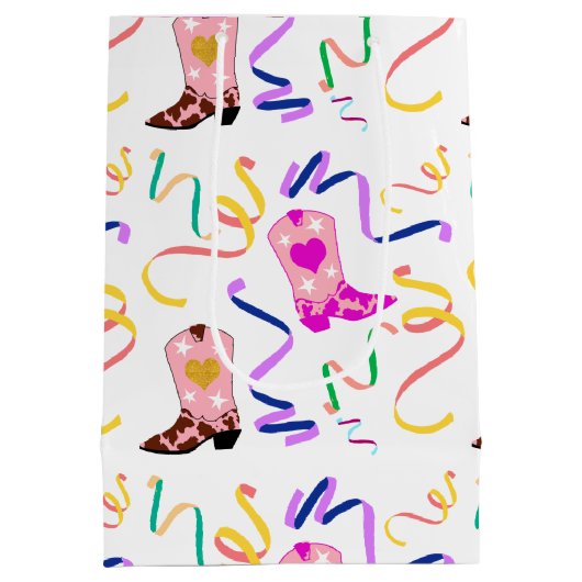 ピンクモダン女性のカーボーイウエスタンブーツ紙吹雪ホワイト ミディアムペーパーバッグ (裏面)