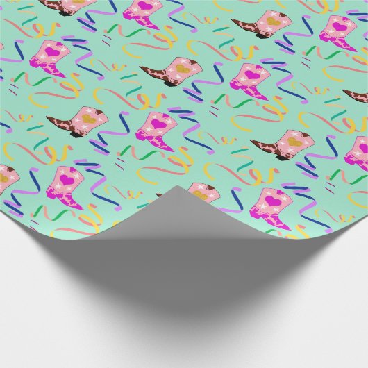 ピンクモダン女性のカーボーイウエスタンブーツ紙吹雪ミント ラッピングペーパー (角)