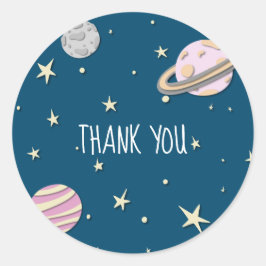 ピンクモダン宇宙惑星月星ありがとう ラウンドシール