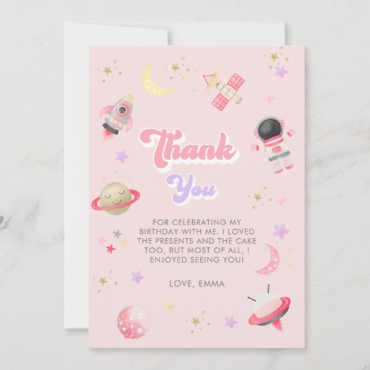 ピンクモダン宇宙銀河系ガール誕生日 サンキューカード (正面)