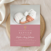 ピンクモダン宗教十字少女の写真バプテスマ 招待状
