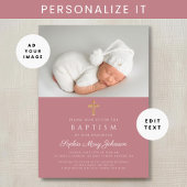 ピンクモダン宗教十字少女の写真バプテスマ 招待状